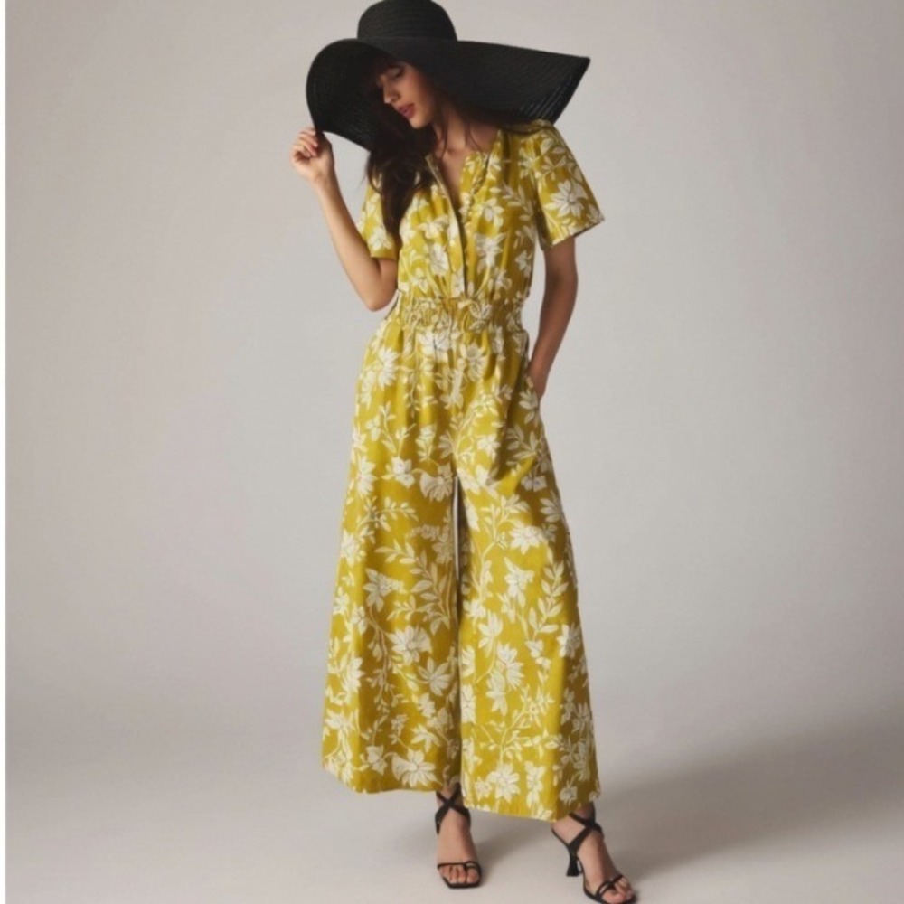 Anthropologie The Somerset Wide-Leg Jumpsuit Yellow Floral Smocked Waist Small